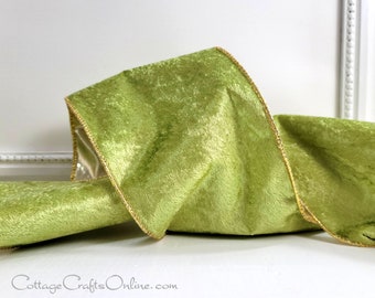 Christmas Wired Ribbon, 4"  Green Velvet, Gold Metallic Lame Back - TEN YARD ROLL -  Velvet Wire Edged Ribbon