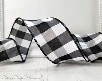 Wired Ribbon, 2.5" wide, Black, White Faux Silk Dupioni Check Plaid ~ TEN YARD Roll ~  Abner 40 ~ Christmas Wire Edged Ribbon