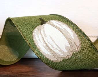 Wired Ribbon, 2.5" , White, Cream Pumpkin on Moss Green - TEN YARD ROLL ~ Bold Pumpkin Linen 40 ~ Fall, Thanksgiving, Wire Edged Ribbon