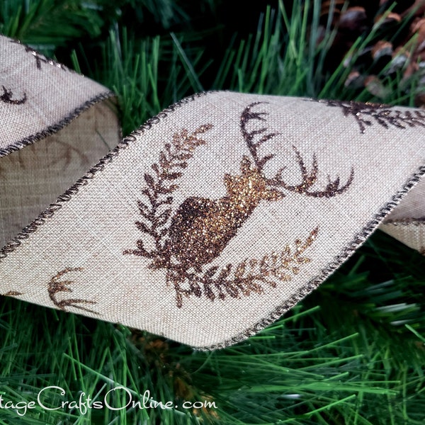 d. Stevens Christmas Wired Ribbon, 2.5", Gold, Copper Deer Print, Linen Look - TEN YARD ROLL ~ Deer Laurel Natural ~ Wire Edged Ribbon