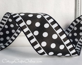 Wired Ribbon, 2 1/2", Black and White Polka Dots and Stripes - TEN YARD ROLL ~ Dots in a Line ~ Christmas, Halloween Wire Edged Ribbon