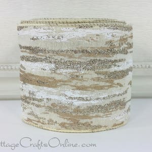 d. Stevens Christmas Wired Ribbon, 4, Birch Bark Look, Platinum Glitter, TEN YARD ROLL Linen Birch Platinum Holiday Wired Edged Ribbon image 2