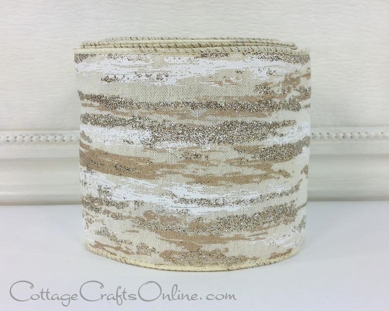 d. Stevens Christmas Wired Ribbon, 4, Birch Bark Look, Platinum Glitter, TEN YARD ROLL Linen Birch Platinum Holiday Wired Edged Ribbon image 2