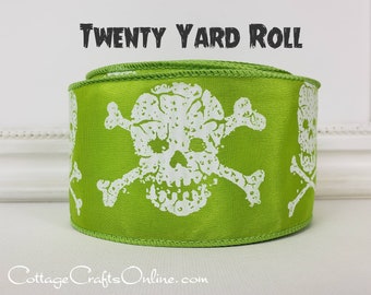 TWENTY YARD Roll,  2 1/2", Halloween Wired Ribbon, Skull & Crossbones Lime Green ~ Boney Maroney ~ Skeleton Wire Edged Ribbon