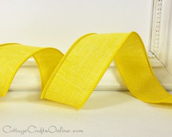 Wired Ribbon, 1.5" wide, Yellow Linen Look - TEN YARD ROLL ~ Divinely Royal Yellow ~ Easter, Spring, Summer, Fall Wire Edged Ribbon