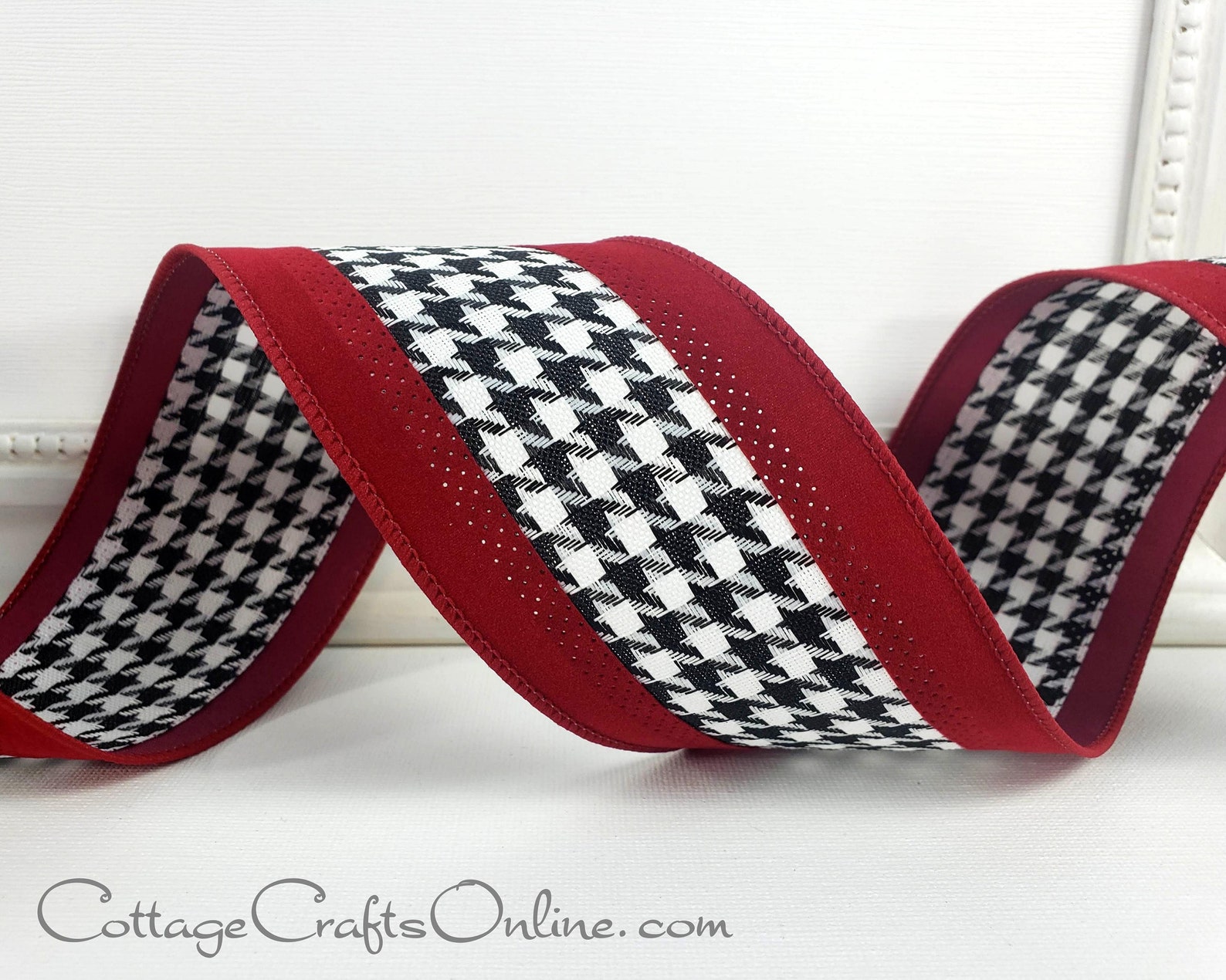 Melrose International Red and Black Houndstooth Plaid Wired Ribbon 4