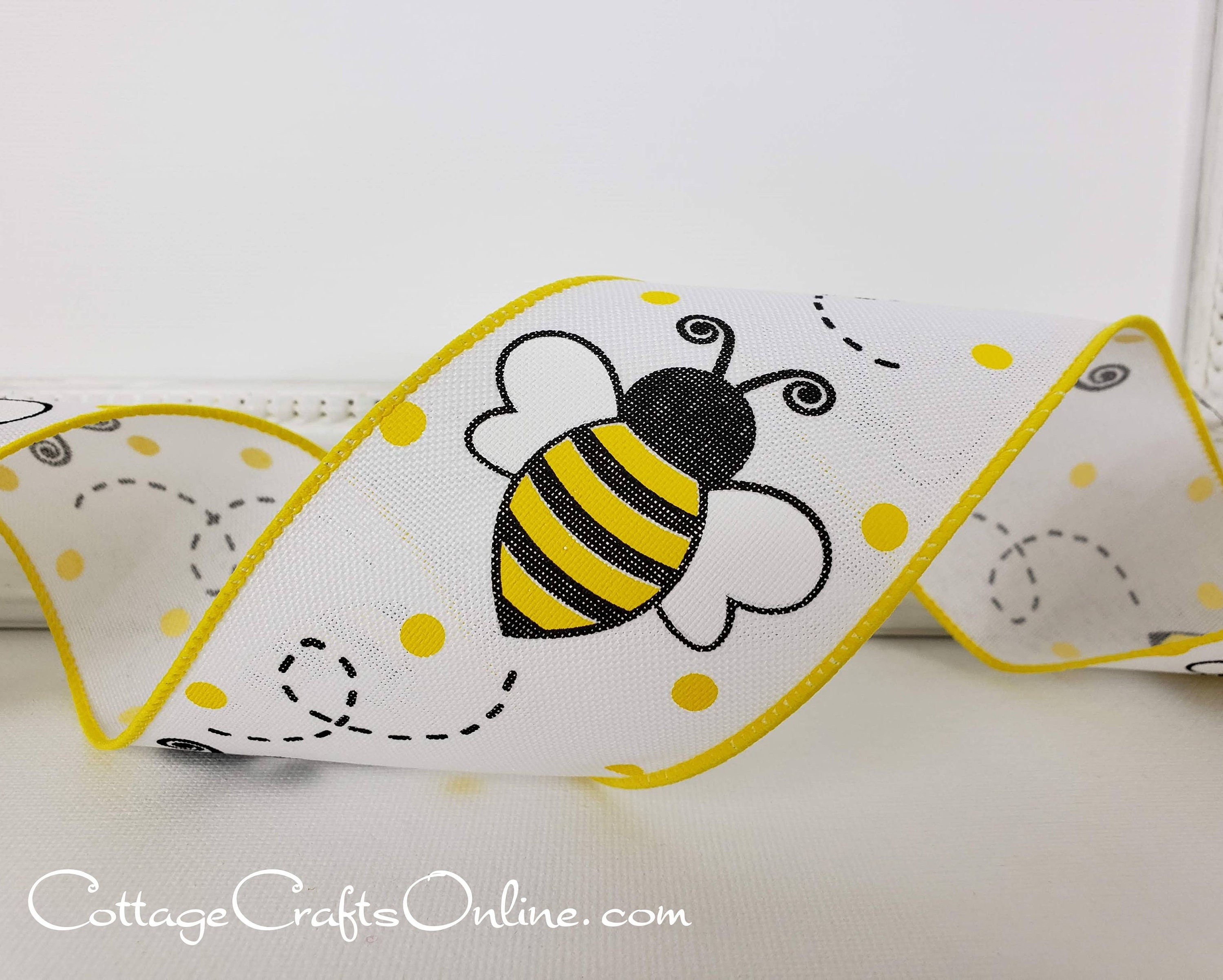 White Bumble Bee Wired Ribbon - 2 1/2 x 10 Yards, Yellow & Black, Easter,  Wreath, Spring Decor, Summer. Thanksgiving, Christmas, Birthday, Wedding,  Fundraiser 