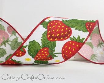 Wired Ribbon,  2.5" wide, Red Strawberries Print on White, TEN YARD ROLL, Spring, Summer, Fruit Print  Wire Edged Ribbon