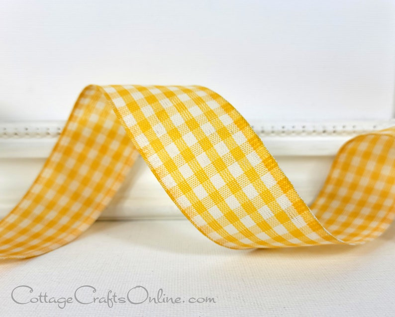 Yellow Ivory Gingham Check Wired Ribbon 1.5 wide TEN image 1