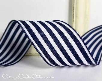 Wired Ribbon, TEN YARD ROLL, 2.5" wide, Navy Blue and White Stripe ~ Beach Navy 40 ~  Wire Edged Ribbon