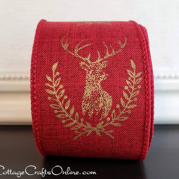 d. Stevens Christmas Wired Ribbon, 2 1/2", Gold Deer Print, Red Linen Look - TEN YARD ROLL - "Deer Laurel Red" Craft Wire Edged Ribbon