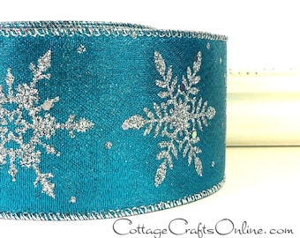 TWENTY YARD ROLL, Wired Ribbon, 2 1/2", Turquoise Blue, Silver Glitter Snowflakes ~ Turquoise Glimmer ~ Christmas, Hanukkah Wire Edged