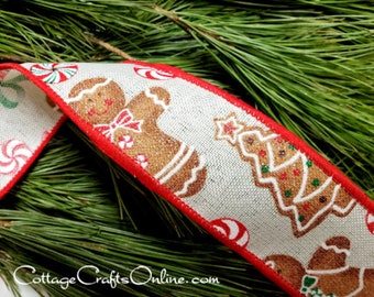 Christmas Wired Ribbon, 1.5", Gingerbread Man, Woman, Tree, Candy Cane - TEN YARD ROLL  ~ Gingerbread Linen 9 ~ Wire Edged Ribbon