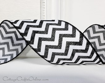 FIFTEEN YARD ROLL Wired Ribbon, 2 1/2", Black and White Chevron Zig Zag Open Weave Stripe - ~ Crest ~  Burlap Style Wire Edged Ribbon