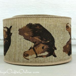 Wired Ribbon, 2.5 Horse Head on Tan Linen Look TEN YARD ROLL Equine Natural Americana, Western Craft Wire Edged Ribbon image 2