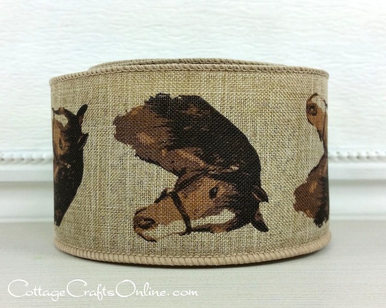 Wired Ribbon, 2.5 Horse Head on Tan Linen Look TEN YARD ROLL Equine Natural Americana, Western Craft Wire Edged Ribbon image 2