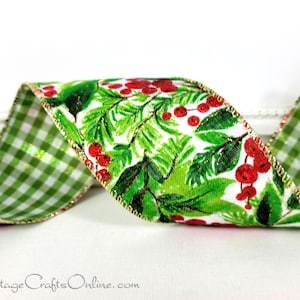 Christmas Wired Ribbon, 2.5, Red Glitter Berries and Greens, Checkered Back, TEN YARD ROLL, d. Stevens Holiday Foliage Wire Edge image 5