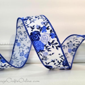 Blue Mini Roses Wired Ribbon, 1.5 wide, Ten Yard Roll, Flower, Floral Print Rose Bouquet Royal 9 Spring, Easter Summer Wire Edge image 1