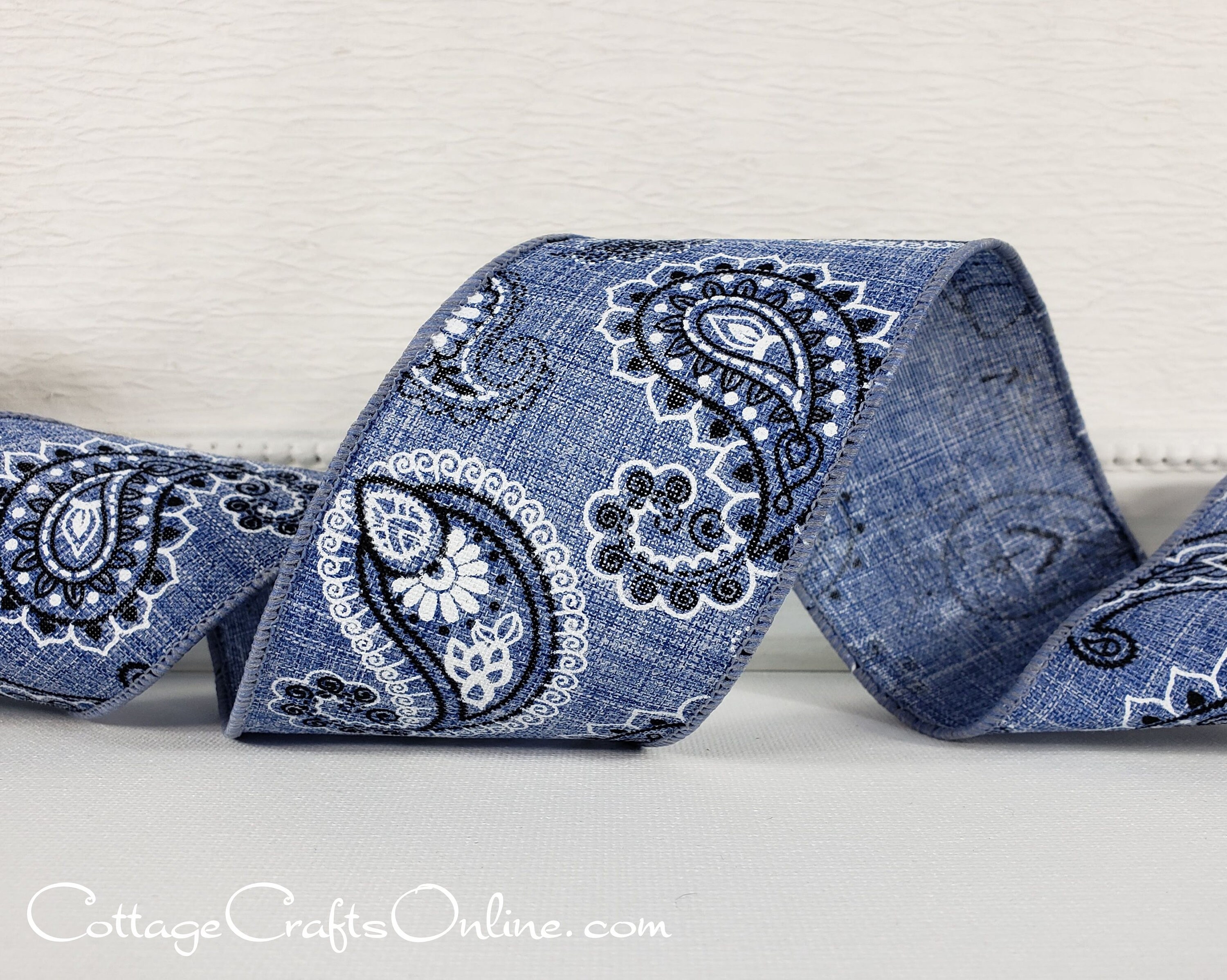 Wired Ribbon 2 1/2 Denim Blue Bandana Paisley TEN Etsy