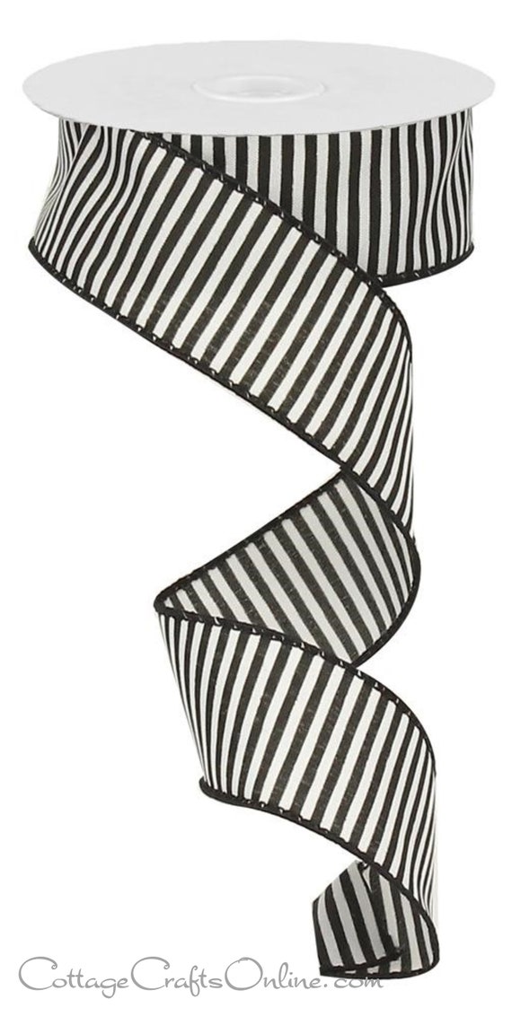 Beige Brown & Black Horizontal Thin Stripes- 1.5 inch x 10 Yards - Wired Edge