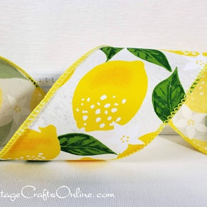 Wired Ribbon, 2.5 wide, Yellow Lemon Print, TEN YARD ROLL Lemons White Spring, Summer, Fruit Print Wire Edged Ribbon image 1