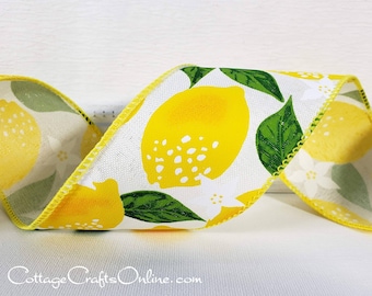 Wired Ribbon,  2.5" wide, Yellow Lemon Print, TEN YARD ROLL ~ Lemons White ~ Spring, Summer, Fruit Print  Wire Edged Ribbon