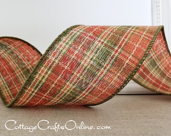 Fall Wired Ribbon, 2.5", Dark Orange, Moss Green, Cream Linen Style Plaid - TEN YARD ROLL ~ Forest Glen 40 ~ Autumn, Thanksgiving Wire Edge