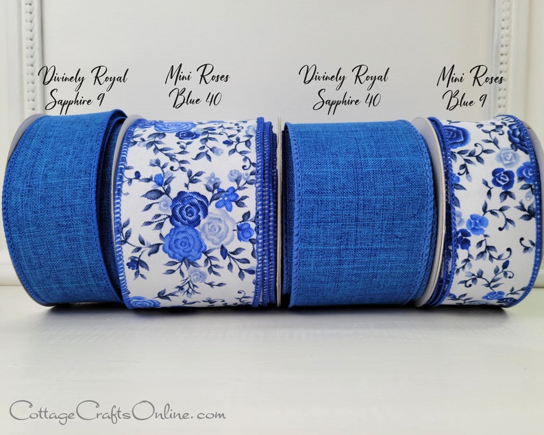 Blue Mini Roses Wired Ribbon, 1.5 wide, Ten Yard Roll, Flower, Floral Print Rose Bouquet Royal 9 Spring, Easter Summer Wire Edge image 4