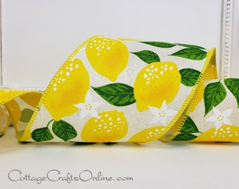 Wired Ribbon, 4" wide, Yellow Lemon Print Linen Style, TEN YARDS  ~ Lemonade 100 ~ Spring, Summer, Fruit Wire Edged
