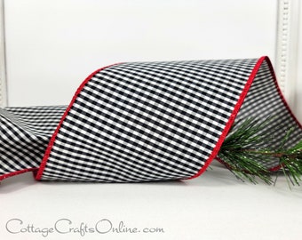 Wired Ribbon, 4" Black and White Mini Check Red Edge ~ TEN YARD ROLL ~ Zinger 100 ~ Craft Christmas Wire Edged Ribbon