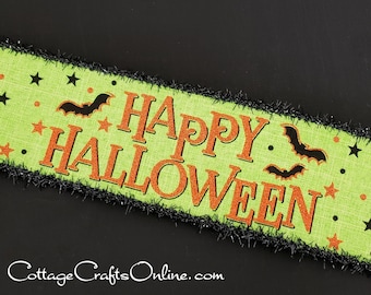 Halloween Wired Ribbon, 2.5", TEN YARD ROLL, Happy Halloween in Orange Glitter, Pumpkin, Bats on Lime Green Faux Linen ~ Wire Edged Ribbon