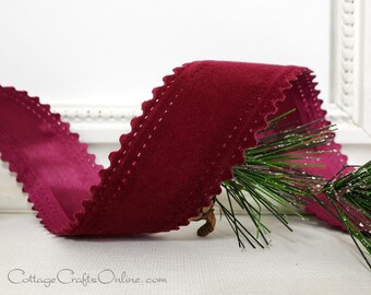 Christmas Wired Ribbon, 1 3/8" wide, TWENTY YARD ROLL, Scallop Edge Burgundy Red Flocked Velvet  ~ Clark ~ Fall Thanksgiving Wire Edged
