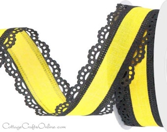 Scalloped Lace Edged Wired Ribbon, 1.5", Yellow with Black  - TEN YARD ROLL ~ Julia 9 ~ Divinely Royal Spring, Summer Craft Wire Ribbon