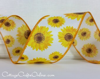 Wired Ribbon, 2.5",  Yellow, Gold and Brown Sunflower Print  - TEN YARD ROLL  ~ Sunflower ~  Spring, Summer, Fall Flower Wire Edged Ribbon