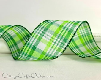 d. Stevens Wired Ribbon, 2.5", Green Print Plaid ~ TEN YARD ROLL ~  Giles 2 ~  Spring, St Patrick's Day, Summer Wire Edged Ribbon