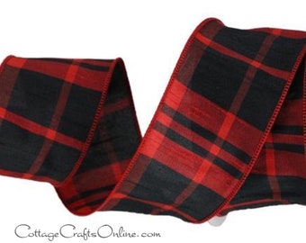 Christmas Wired Ribbon, 2.5" wide, Red Black Faux Dupioni Tartan Plaid - TEN YARD ROLL ~ Randolph Jr 40 ~ Buffalo Check Wire Edged Ribbon