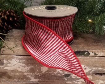 d. Stevens Wired Ribbon, 2.5" wide, Red Stripe Check ~ TEN YARD ROLL ~ Cherry Microcheck  ~ July 4th, Christmas Wired Edged Ribbon