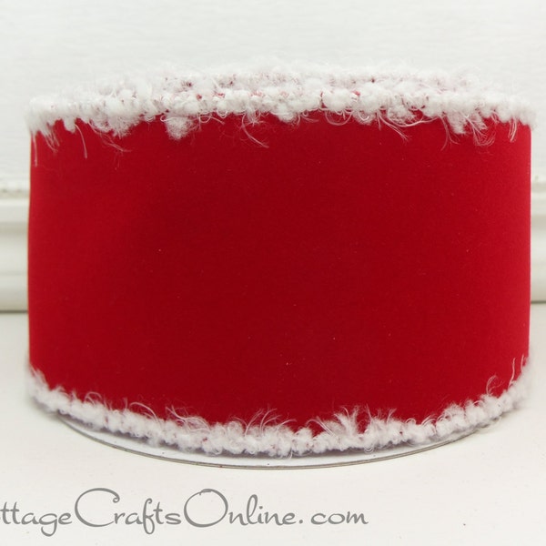 Christmas Wired Ribbon, 2 1/2" Red Velvet with White Flocked Edges - TEN YARD ROLL -  "Snowy Edge" Craft Wired Edge Ribbon