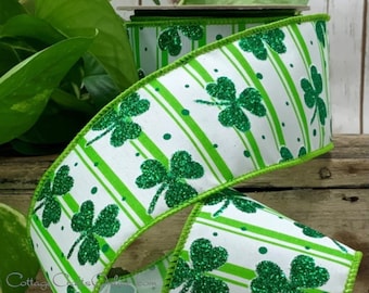 Wired Ribbon, 2.5" Shamrock Glitter Stripe - TEN YARD ROLL ~ Aidan ~ d. Stevens Green White St Patrick's Day Clover Wire Edged Ribbon