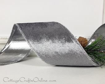 Christmas Wired Ribbon, 2.5"  Silver Grey Velvet, Metallic Back - TEN YARD ROLL -  Platinum Velvet Wire Edged Ribbon