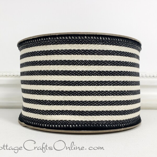 d Stevens Wired Ribbon, 2.5" wide, Black and Cream Ticking Stripe - TEN YARD ROLL  ~ Canvas Stripe ~ Wire Edged Ribbon