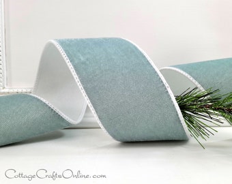 Christmas Wired Ribbon, 2 1/2"  Pale Blue Plush Velvet, White Back - TEN YARD - Farrisilk ~ Velvet Two Tone ~ Luxury Wire Edged