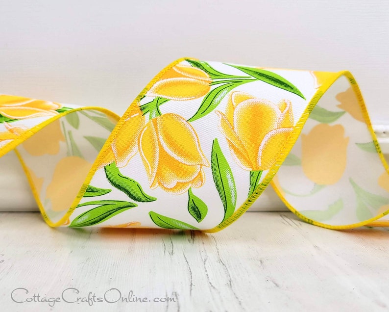 Yellow Tulips Wired Ribbon, 2.5 wide, TEN YARD ROLL Charlene 40 Floral Spring, Summer Flower Wire Edged Ribbon image 1