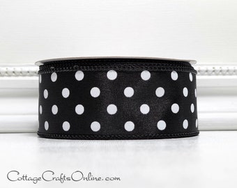 Wired Ribbon, 1.5" wide, Black with White Polka Dots - TEN YARD ROLL ~ Lots of Dots 9 ~ Halloween, New Year's Wire Edged Ribbon