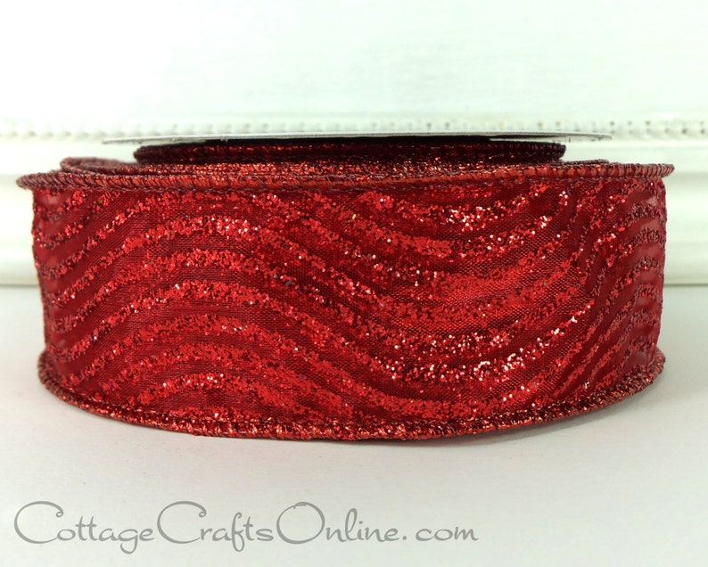Valentine Craft Wire Edged Ribbon Red Wavy Striped Glitter Offray Curtsy #L91103 Christmas TWENTY FIVE YARDS 1 12 wide Wired Ribbon