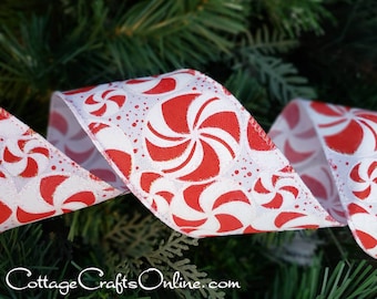 THREE YARDS, Christmas Wired Ribbon, 2 1/2", Peppermints, Glitter  ~ Christmas Peppermints  ~ Red White Wire Edge Ribbon