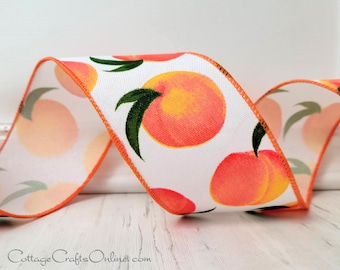 Peach Wired Ribbon, 2.5" wide, TEN YARD Roll, Spring, Summer, Fruit Print  Wire Edged Ribbon