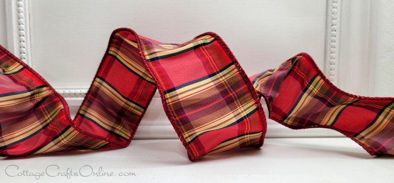 Wired Ribbon, 2.5, Red, Maroon, Brown Faux Dupioni Tartan Plaid TEN YARD Roll Vonda Highland 40 Christmas, Fall Wire Edged image 4