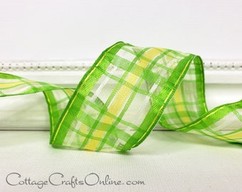 FIVE YARDS, Wired Ribbon, 1.5" wide, Green, Yellow, White Semi-Sheer Plaid - Offray "Calix", Check, Spring, Summer, Wire Edged Ribbon