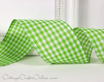 Wired Ribbon, 2 1/2", Spring Green and White Gingham Check - TEN YARD ROLL - Grass Green  Plaid Easter, Spring, Summer Wire Edged Ribbon